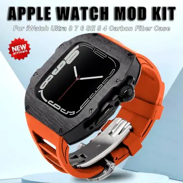 For Apple Watch 8/7/6/SE 41/44/45mm Carbon Fiber Case Fluororubber Band Mod