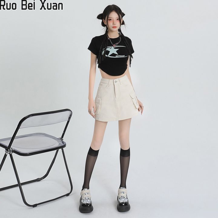 ruo-bei-xuan-ใหม่ของผู้หญิงกระโปรงทรงเอเอวสูงกระเป๋าตรงสะโพกกระโปรงกระโปรงยีนส์