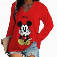 Spring Summer Women Sexy V-Neck T-Shirt Fashion Casual Women Disney Mickey Mouse Print Slim Long Sleeves Loose Tee Shirt Women T