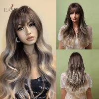 EASIHAIR สีบลอนด์สีน้ำตาลสังเคราะห์ลอนยาวเถ้าสีออมเบร,วิกผมทนความร้อนวิกผมมีหน้าม้าสำหรับผู้หญิงผิวดำผมปลอมปาร์ตี้ประจำวัน