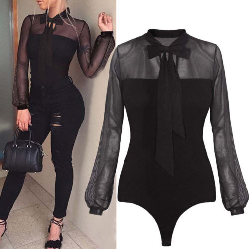 Women Ladies Bodysuit Stretch Leotard Long Sleeve Body Tops T shirt  Jumpsuit