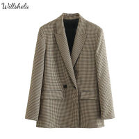 Willshela ผู้หญิงแฟชั่นลายสก๊อต Blazer Notch Collar แขนยาว Double Breasted หญิง Chic Office Lady Vintage ธุรกิจชุดเสื้อแจ็คเก็ต