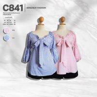 C841 เสื้อสาวอวบผ้าไหมอิตาลี่ผูกโบว์อกเเขนสม็อคลายสก็อต ยาว29