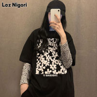 Laz Nigori เสื้อยืดผู้หญิงสไตล์เกาหลีแบบใหม่ของซีรีส์สีดำพิมพ์ลายดอกไม้ขนาดเล็กสไตล์ฮาราจูกุ,เสื้อยืดหลวมๆแขนสั้นผู้หญิงทันสมัย