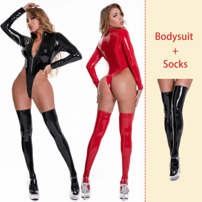 AIIOU y PU Leather Lingerie Glossy Leather Bodysuits with Socks Women Wet Look Latex Catsuit Exotic Mistress Costumes
