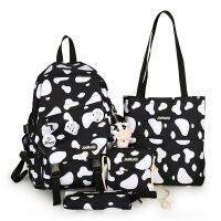 4-piece Set Cow Pattern Fashion Womens Backpack Nylon Waterproof Schoolbag For Girls Large-capacity Travel Bags