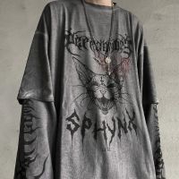 [ขายดีที่สุด] Gothic Cat T เสื้อ Streetwear Punk Tshirt Harajuku ฤดูร้อนเสื้อฤดูใบไม้ผลิแขนยาวคู่ Cool Ulzzang หลวมญี่ปุ่นเสื้อยืดชาย