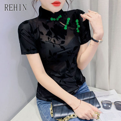 REHIN เสื้อผู้หญิงหัวเข็มขัดจานเรโทร,เสื้อยืดแขนสั้นแบบบางสำหรับผู้หญิง