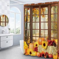 Autumn Shower Curtain Outside Window Landscape Fall Thanksgiving Maple Pumpkin Decor Sunflower Harvest Day Fabric Bath Curtain