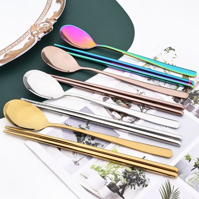 Drmfiy Colourful Tableware Korean 304 Stainless Steel Food Chopsticks Spoon Set Long Handle Non slip Chopsticks Dinnerware Set