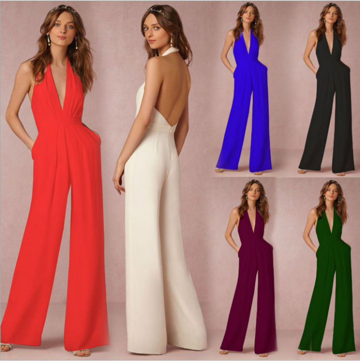 Fashion Women's Casual Sleeveless Strapless V-Neck Solid Sexy Holiday  Dinner Party Long Jumpsuits Romper Wide Leg High Waist Pants Playsuit
