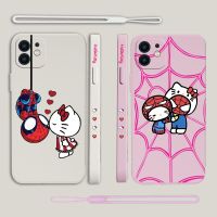 {Haojia เคสโทรศัพท์} เคสโทรศัพท์ Spidermans Hello Kitty สำหรับ iPhone 14 13 12 11 Pro Max Mini X XR XS MAX SE20 8 7 Plus 6S ซิลิโคนกับสายคล้องมือ