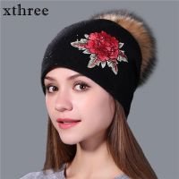Xthree หมวกฤดูหนาวสำหรับผู้หญิงหมวกถักสตรีขนสัตว์หมวกบีนนี่ปักขนมิงค์จริงปอมปอมหมวกถักแฟชั่นสตรีสาว