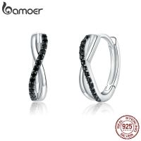 Bamoer Real 925 Sterling Silver Black CZ Cross Hoop Earrings for Women Wedding Statement Jewelry Ear Hoops 2020 Jewelry BSE399