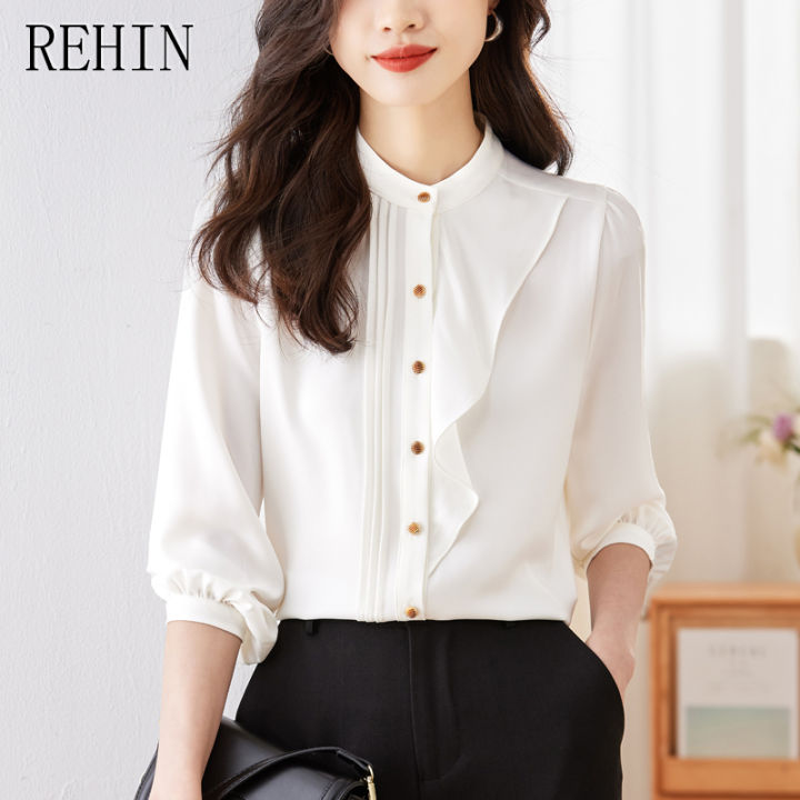 rehin-เสื้อชีฟองแขนยาวสีขาวเฉพาะกลุ่มดีไซน์ดั้งเดิมชุดทำงานเสื้อสตรีหรูหรา