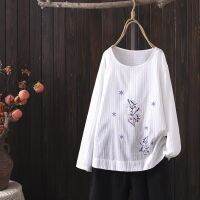 【มีไซส์ใหญ่】Plus Size XL-4XL Long Sleeved Floral Embroidery Tops Women Full Cotton A-line Shirts Oversized Vintage Top