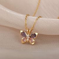 ？》：“： Cute Butterfly Necklace For Women Crystal Purple Butterfly Aesthetic Necklaces Charms Choker Party Stainless Steel Jewelry Gift