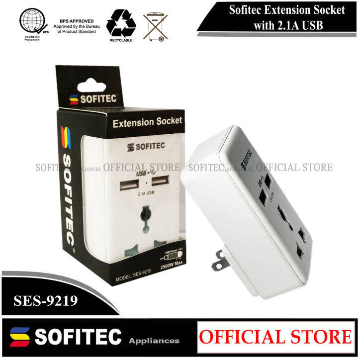 Sofitec 2in1 Universal Adapter Extension Socket 2.1A USB Adaptor SES