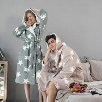 Uni Sleepwear Winter Women Men Star Printed Hooded Long Sleeve Bathrobe Thicken With Sashes Belt Loose Nightgown Sleepwear#g3