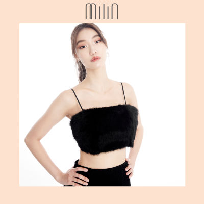 [MILIN] Faux Fur spaghetti crop top เสื้อสายเดี่ยวครอปท็อปแต่งเฟอร์เทียม Sanguine Top สีดำ / สีน้ำเงิน