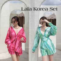 เซ็ต2ชิ้น✨Lala korea Set✨เซ็ทเสื้อเชิ้ตแขนยาวลายกราฟฟิค+กางเกงขาสั้น