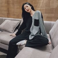 COD SDFGDERGRER New womens cotton pajamas Korean style fashion trending black and gray contrast color can be worn outside long sleeve casual homewear suit