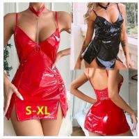 Sexy Hip Slit Mirror Bright Collar Patent Leather Suspender Dress Zipper Tight Low-Cut Summer Skirt Nightdress