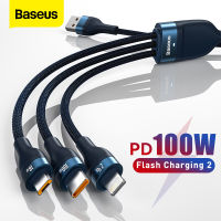 Baseus สายเคเบิล USB ชนิด C 3 In 1 100W สายเคเบิลข้อมูลสายชาร์จเร็วสำหรับ iPhone 14 13 Pro ที่ชาร์จแบตเตอรี่โทรศัพท์สำหรับ Xiaomi Samsung Huawei ไมโคร USB สาย USB