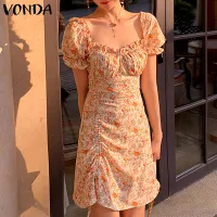 VONDA Womens Summer Short Sleeve Casual Pleated Dress Printed Floral Sundress (Korean Floral)