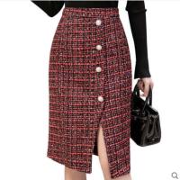 Vintage Plaid Tweed Skirt Women autumn winter Wool High Waist A-Line Business Work split skirt