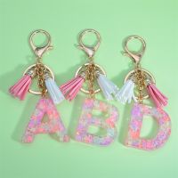 Butterfly Pink Letter Keychain Tassel English Alphabet Gradient Resin Pendant Key Chain Accessories Kawaii Keys Rings Ornament