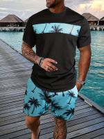 xixibeauty Tropical Coconut Tree Print, Mens 2Pcs Outfits, Casual Crew Neck Short Sleeve T-shirt And Drawstring Shorts Set For Summer, Mens Clothing Loungewear Vacation Resorts