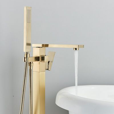 (2023 F073918680) แปรงขาตั้งพื้นสีทองก๊อกอ่างอาบน้ำชุดฝักบัวอาบน้ำอ่างอาบน้ำยืนด้วยฝักบัวมือน้ำร้อนเย็นตารางสไตล์