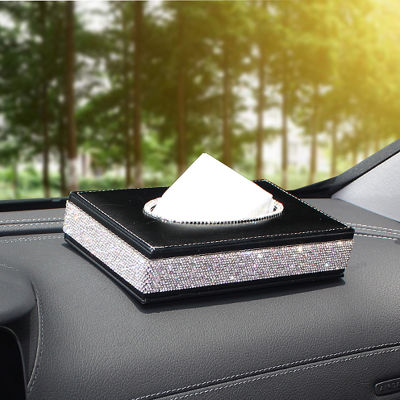 Crystal Diamond Leather Car Tissue Box Holder Rhinestone Auto Armrest Box Block Type Paper Towel Case Covers Car Organizers
