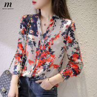 MISUMIXIU Early New print Silk Shirts for Fashion Korean Blouse sleeve V-neck Temperament Top