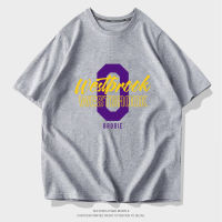 LV Lakers เสื้อบาสเก็ตบอลกีฬาเสื้อยืดแขนสั้นทรงหลวมสีม่วงทองเบอร์.0ผ้าฝ้ายแขนสั้น