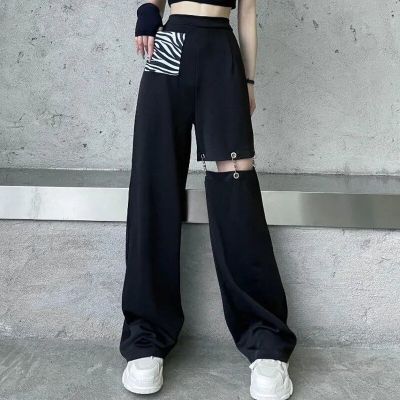 สีดำขากว้างกางเกงคาร์โก้ผู้หญิงกลวงออก Streetwear กางเกงเอวยางยืดเย็บปะติดปะต่อกันแฟชั่นเกาหลีฤดูร้อน