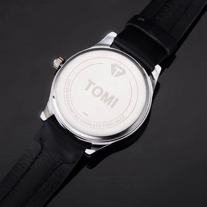 tomi-นาฬิกา-กันน้ำ-พร้อมกล่อง-quartz-analog-นาฬิกาสายหนัง-ราคา-sale-นาฬิกาคู่สายหนัง-100-new