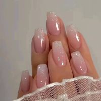 24Pcs Simple Mid-length Ballet False Nails with Glue Gradient Pink Fake Nail Tips Glitter Coffin Press on Nails Full Cover Nails fenguhan