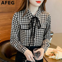 AFEG S New Korean-Style Shirt-Neck Peplum Chic Loose-Fitting Plaid Long-Sleeve Blouse For Women