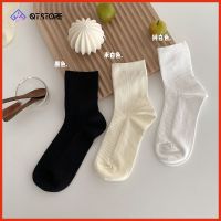 ถุงเท้าถุงเท้าครึ่งแข้งสูงแบบเกาหลีมีลายถุงเท้าสีขาวถุงเท้าธรรมดาผ้าฝ้ายสีทึบสูง