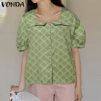 VONDA เสื้อบนแขนพองลายตารางหมากรุกสำหรับผู้หญิง (ลายดอกไม้เกาหลี)