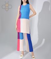 ☇✑❒ Aiden001 Average Size Miyake Suit Womens Two-Piece Sleeveless Mid-Length Slit T-Shirt Top Contrast Color Pleated Straight-Leg Pants Z3202