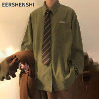 EERSHENSHI เสื้อแขนยาวสีเขียววินเทจทรงหลวมของผู้ชายเสื้อแขนยาวลำลองบางๆที่สามารถสวมใส่ด้านนอกได้