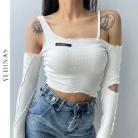 Yedinas Sexy Hollow Out Crop Top Women Off Shoulder Long Sleeve Tee Shirt Slim Skinny Ribbed Knitted T-shirt Irregular Street