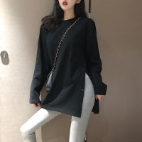 Real Shot Cost-Effective Slit Mid-Length Solid Color Long-Sleeve T-shirt