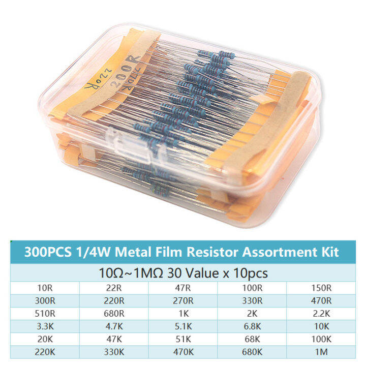 intro-2023-300pcs-14w-resistor-kit-10-1m-metal-film-resistor-30-value-assortment-set-0-25w-resistors-10-ohm-100-ohm-1k-10k-100k