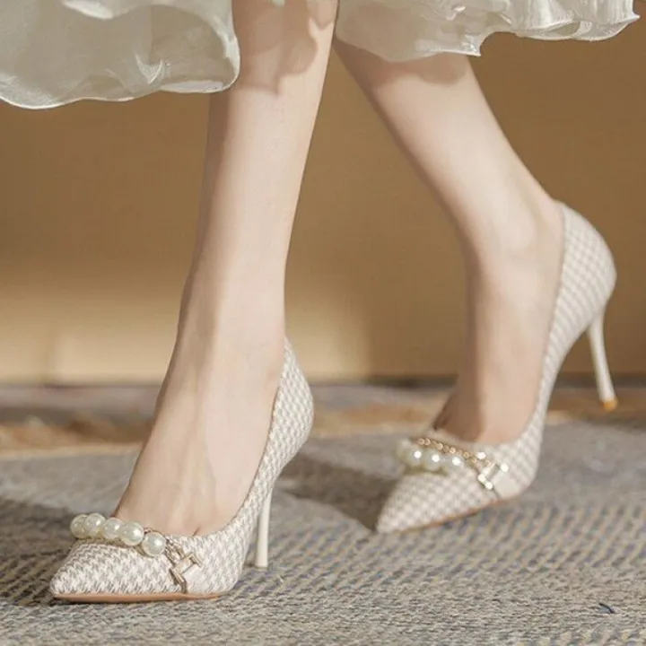 2023-ฤดูใบไม้ผลิและฤดูร้อนใหม่รองเท้าส้นสูง-houndstooth-ผู้หญิงส้นเข็มออกแบบความรู้สึกเฉพาะอารมณ์รองเท้าเดียวหัวแหลมรองเท้าทำงาน