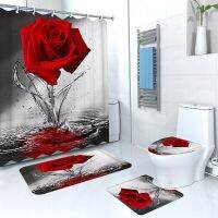 Rose Flower Butterfly Shower Curtain Non-Slip Rug Bath Mat Toilet Lid Cover 12 Hooks Waterproof Polyester Bathroom Decor Carpet