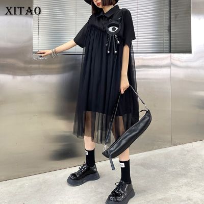 XITAO Dress Black Mesh Shirt Dress